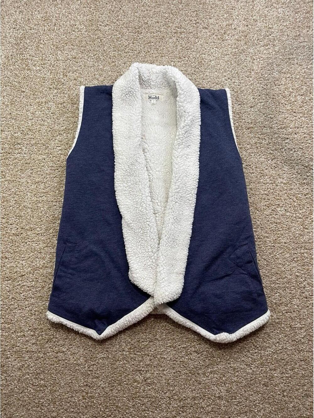 Mudd Girls Vest Size‎ 16 Blue Faux Fur Lined Open Front Cardigan Pockets